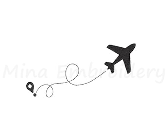 May include: Black silhouette of an airplane flying with a curved line trail leading to a black pin icon.