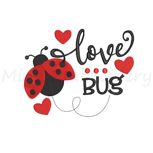 May include: A red ladybug with black spots and a black head is flying with its wings out. The ladybug is surrounded by three red hearts and the text "love bug" in black.