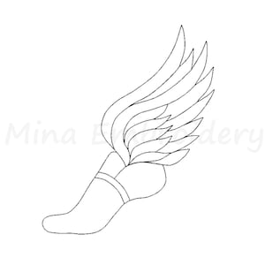 May include: Line art illustration of a foot with a winged design. The foot is wearing a sandal with a strap. The wings are stylized and have multiple layers. The text "Mina Embroidery" is in the background.