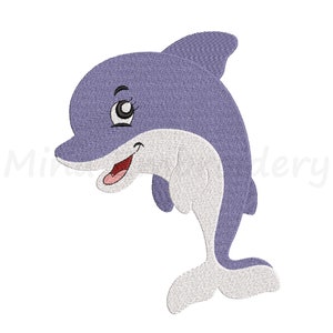 May include: A cartoon illustration of a purple and white dolphin with a smiling face and big eyes. The dolphin is jumping out of the water.