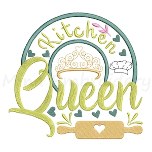 May include: Green and yellow embroidery design with the text "Kitchen Queen" in a circle with a crown, chef's hat, and rolling pin.