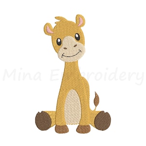 May include: A cartoon camel with a brown body, a light brown belly, and a light brown tail. The camel has a pink nose and pink eyes. The camel is sitting on its hind legs with its front legs tucked in.