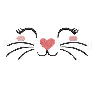 May include: An embroidered design of a cat face with closed eyes, eyelashes, whiskers, and a heart-shaped nose. The design is in black, pink, and white, perfect for crafting projects. The text "Mina Embroidery" is visible.
