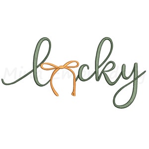 May include: The word "lucky" is written in cursive in a green color with a small orange bow in the middle of the word.