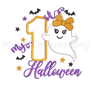 May include: Purple and orange embroidery design featuring a ghost with a bow, the number one, and the text "my 1st Halloween".