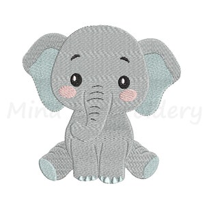 May include: A cute gray elephant with blue ears and pink cheeks sits with its legs crossed. The elephant has a small trunk and big eyes.