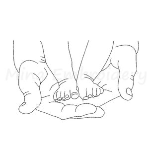 May include: A black and white line drawing of two small feet held in the palms of two hands.