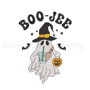 May include: A white ghost wearing a black witch hat and holding a pumpkin and a green drink. The ghost is flying with bats around it. The text "BOO-JEE" is above the ghost.