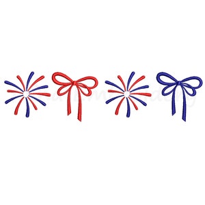 May include: Four embroidered designs in red, white, and blue. Two are red and blue fireworks and two are red and blue bows.