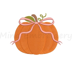 May include: An orange pumpkin with a pink ribbon tied around the stem. The pumpkin has a green stem and leaves.