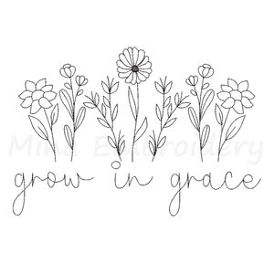 Könnte beinhalten: Schwarz-weißes Stickmuster mit Blumen und dem Text "grow in grace".
