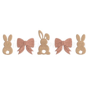 May include: Five embroidered designs featuring brown bunnies and pink bows. The bunnies are facing to the right and have a white tail. The bows are tied with a knot in the center.