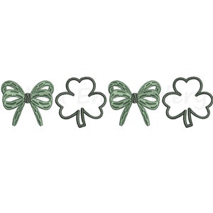 May include: A digital embroidery design featuring three shamrocks and two bows in green and black.