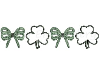 May include: A digital embroidery design featuring three shamrocks and two bows in green and black.