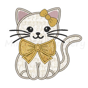 May include: A white cat with a gold glitter bow and a pink bow on its head. The cat is sitting with its tail curled around its body.