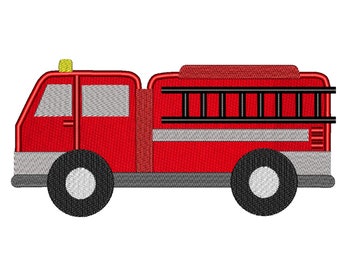 May include: A red fire truck with a black ladder, a yellow light on top, and black wheels.