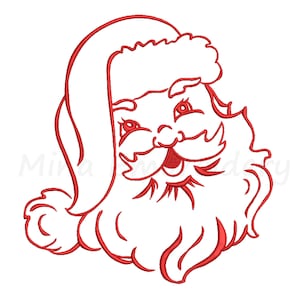 May include: A red line drawing of Santa Claus's face with a white background. Santa is smiling with his eyes closed and has a large, bushy beard.