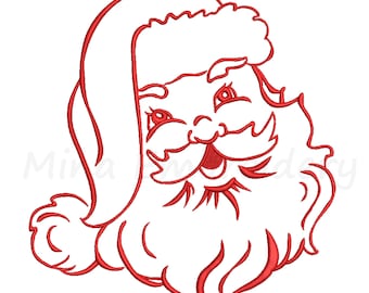May include: A red line drawing of Santa Claus's face with a white background. Santa is smiling with his eyes closed and has a large, bushy beard.