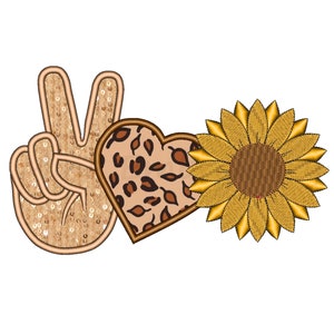 May include: Peace sign, heart, and sunflower design in gold, brown, and black colors. The peace sign is made of sequins.
