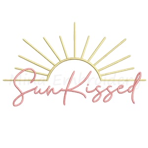 May include: Sun-kissed embroidery design featuring a stylised sun and the text "Sun Kissed" in pink.