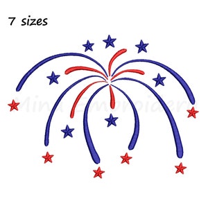 May include: Red, white, and blue fireworks design with stars. This digital embroidery design is available in 7 sizes.