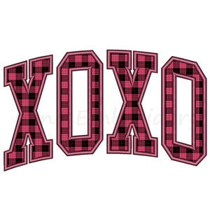 May include: XOXO in pink and black plaid with a white background. The letters are in a bold, blocky font.