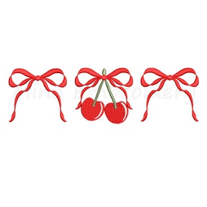 May include: Three red bows with a pair of red cherries in the center. The cherries have green stems and leaves.