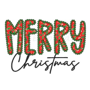 May include: A red and green "Merry Christmas" greeting with the word "Merry" in a stylized font outlined with green and filled with a red and green holly pattern.