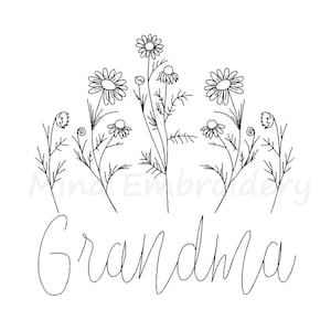 Grandma Floral Embroidery Design, Line Art Embroidery Design, Machine Embroidery Design, 5 Sizes, Instant Download