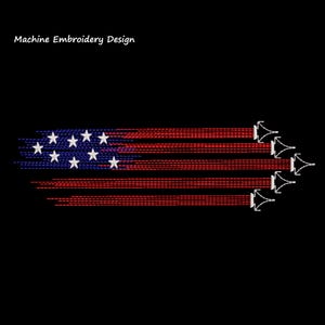 Könnte beinhalten: Ein gesticktes Design mit einer stilisierten amerikanischen Flagge mit roten und blauen Streifen, weißen Sternen und pfeilförmigen Elementen. Der Text "Machine Embroidery Design" befindet sich oben links. Das Design befindet sich auf schwarzem Hintergrund.