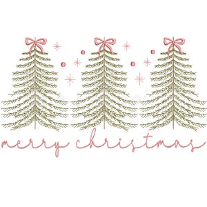 May include: Three green embroidered Christmas trees with pink bows and ornaments. The text "merry christmas" is written below the trees.