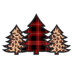 May include: Three Christmas trees, one with a red and black plaid pattern and two with a leopard print pattern.