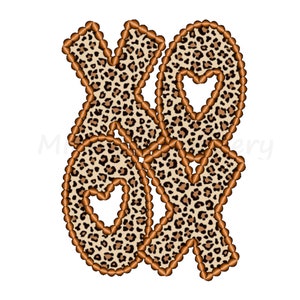 May include: A pair of letters "XO" in a brown and tan leopard print with a brown outline. The letters are stylized with a rounded, bubbly font.