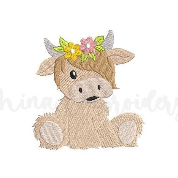 Baby Girl Highland Cow Embroidery Design, Animal Embroidery Design, Machine Embroidery Design, 4 Sizes, Instant Download