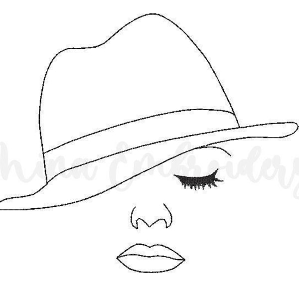 Woman Hat Style Embroidery Design, Line Art Embroidery Design, Machine Embroidery Design, 5 Sizes, Instant Download