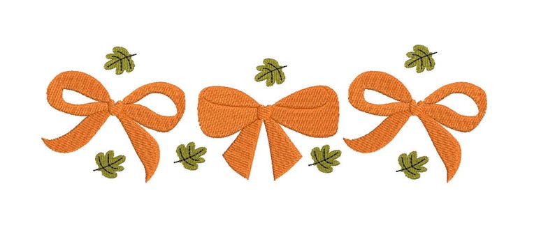 May include: An embroidered design featuring three orange bows and several green leaves. The bows are in a row, with the leaves scattered around them. The design is on a white background.