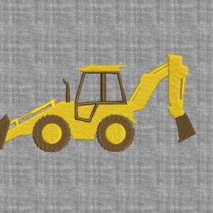 Puede incluir: Una excavadora de juguete amarilla con una pala y un brazo marrones. La excavadora est&aacute; sobre un fondo gris.