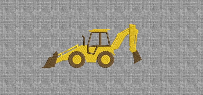 Puede incluir: Una excavadora de juguete amarilla con una pala y un brazo marrones. La excavadora est&aacute; sobre un fondo gris.