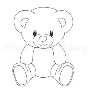 May include: A black and white line drawing of a teddy bear sitting with its legs crossed. The bear has a simple, friendly face with small eyes and a smile.