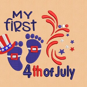 May include: Blue baby footprints with a red, white, and blue top hat and the text "My First 4th of July" with a red, white, and blue firework design.