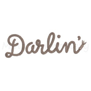 May include: An embroidery design featuring the word Darlin' in a light brown, rope-like script font. The letters are connected in a continuous cursive style, with the final apostrophe ending in a small, frayed, multi-strand rope tassel detail.