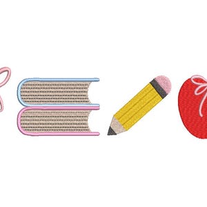May include: An embroidered design featuring a pink bow, two stacked books with blue and pink covers, a yellow pencil with a pink eraser, and a red apple with a bow. The design elements are likely for a school or back-to-school theme.
