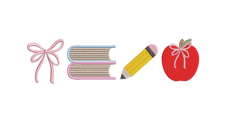 May include: An embroidered design featuring a pink bow, two stacked books with blue and pink covers, a yellow pencil with a pink eraser, and a red apple with a bow. The design elements are likely for a school or back-to-school theme.