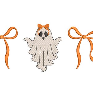 May include: An embroidered design featuring a friendly ghost with a bow and two orange bows on a white background. The ghost has black eyes and a wide open mouth. The bows are a bright orange color.