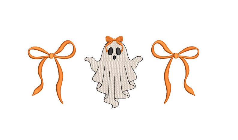 May include: An embroidered design featuring a friendly ghost with a bow and two orange bows on a white background. The ghost has black eyes and a wide open mouth. The bows are a bright orange color.