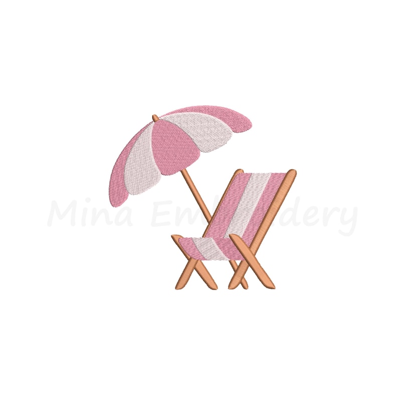Op de afbeelding: Een geborduurd ontwerp met een roze en wit gestreepte strandstoel en een bijpassende parasol. De parasol is open en de stoel staat in een ontspannen positie. De tekst "Mina Embroidery" is zichtbaar.