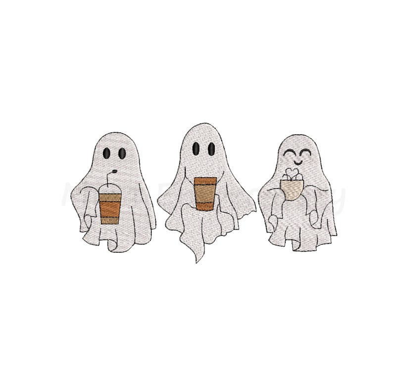 Op de afbeelding: Drie cartoon-geesten die kopjes koffie vasthouden. De geest links drinkt uit een rietje, de geest in het midden houdt een kopje vast met beide handen en de geest rechts houdt een kopje vast met marshmallows.