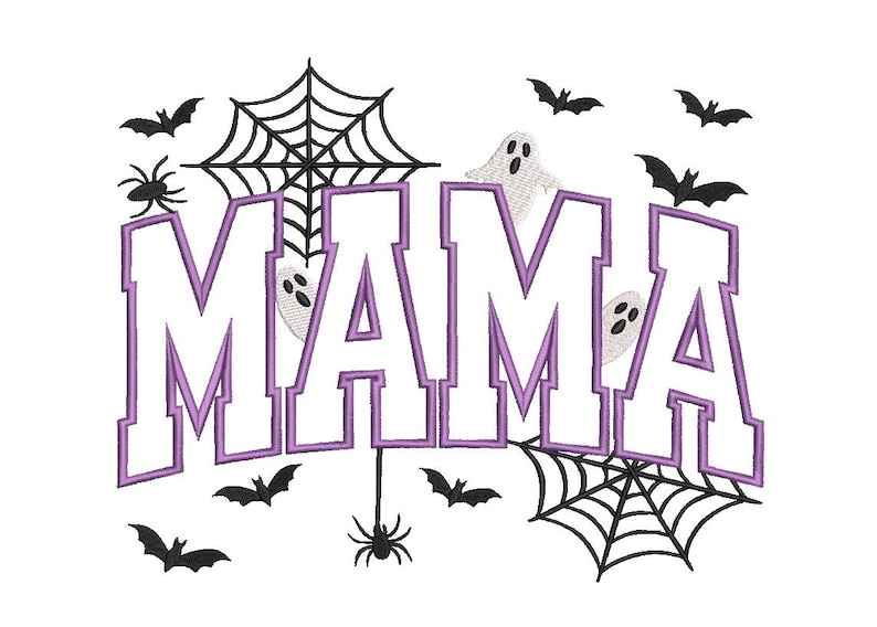 Peut inclure: Un motif de broderie affichant le mot MAMA en grandes lettres capitales blanches avec des contours violets. Le design comprend des toiles d'araign&eacute;es noires, des araign&eacute;es et des chauves-souris, ainsi que des petits fant&ocirc;mes blancs.