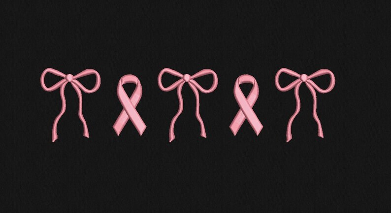 May include: Pink ribbon and bow embroidery on a black background. The design features three pink ribbons and two pink bows. The bows have long, flowing tails. The ribbons and bows are evenly spaced.