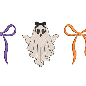 May include: An embroidered design featuring a ghost and two bows. The ghost is white with a black bow and eyes. One bow is purple, and the other is orange. All elements are on a white background.